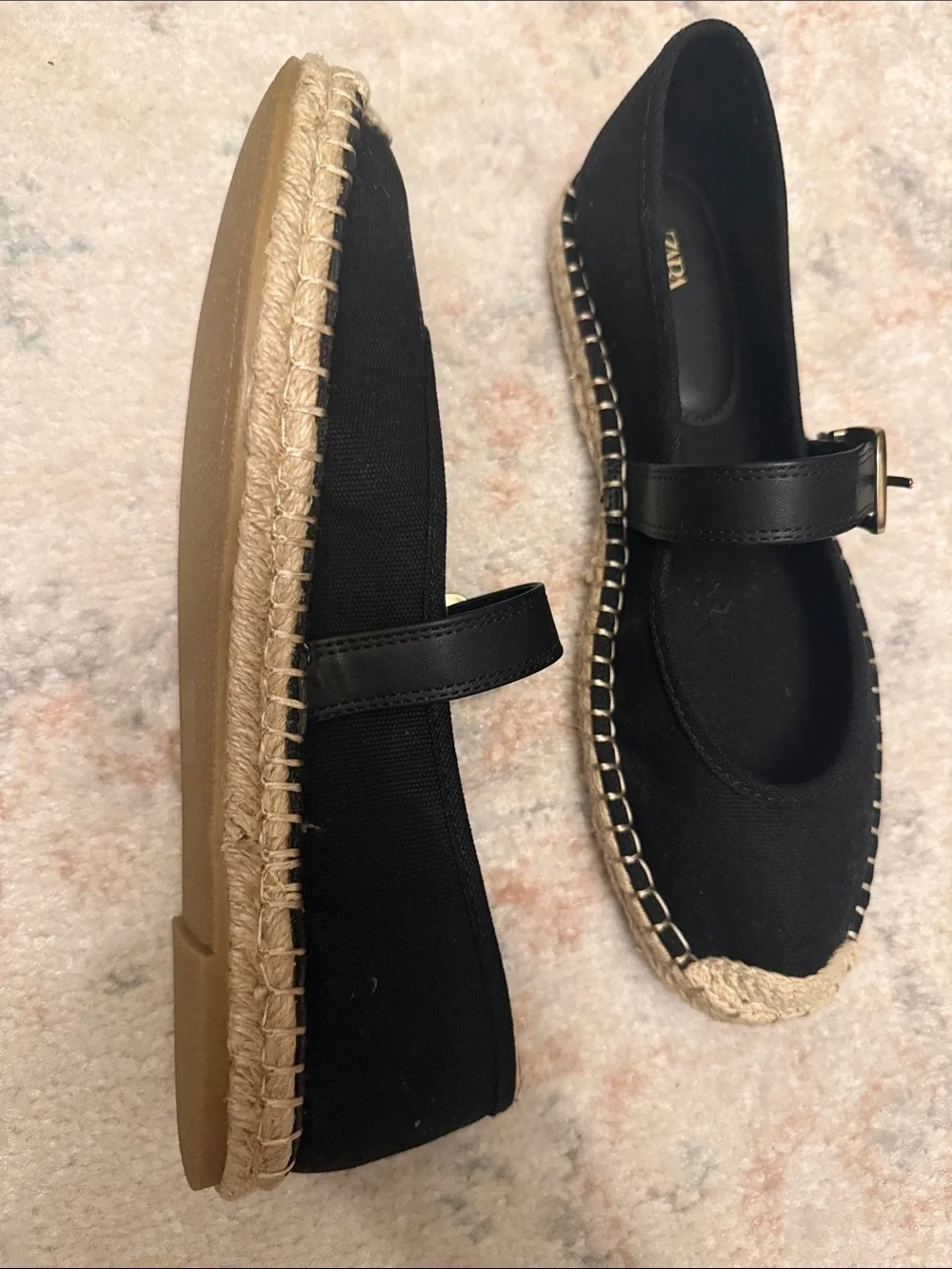 Zara Black Espadrille Mary Jane Flats with Gold Buckle